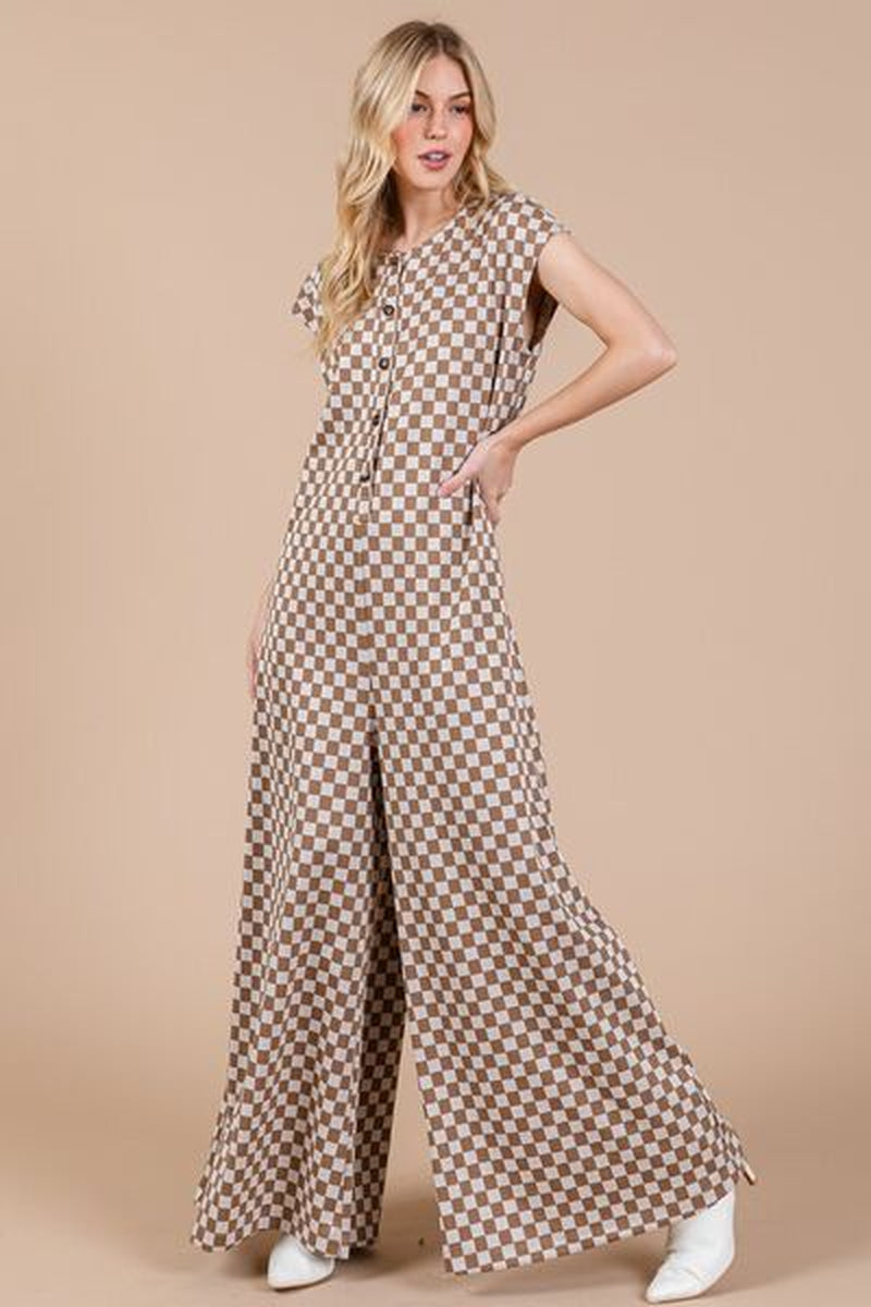 Ces Femme Checkered Half Button Jumpsuit with Cap Sleeves