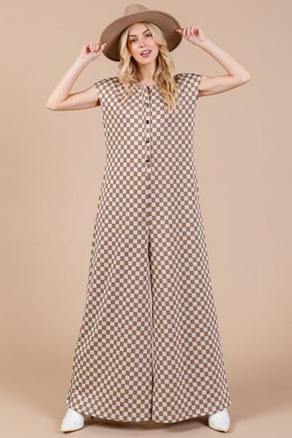 Ces Femme Checkered Half Button Jumpsuit with Cap Sleeves