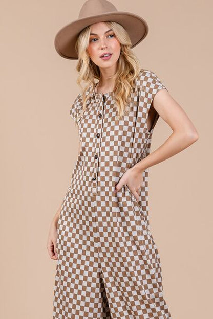 Ces Femme Checkered Half Button Jumpsuit with Cap Sleeves